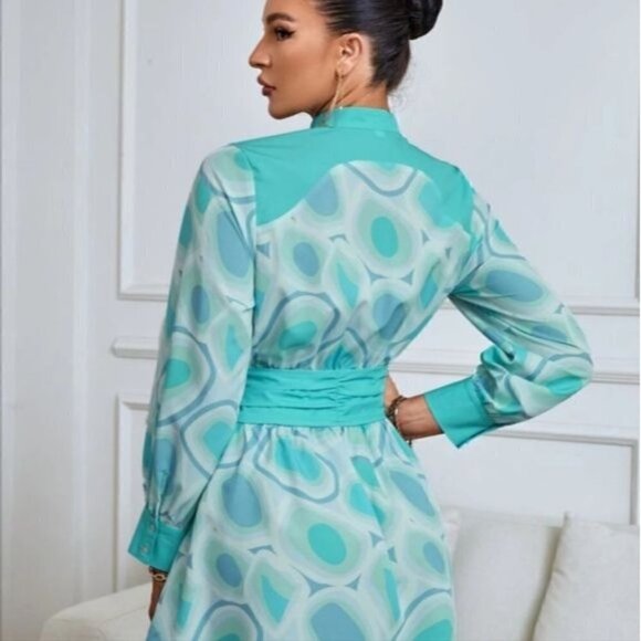 ELEGANT MULTICOLOR GEO PRINT BUTTON DOWN SHIRT DRESS - Picture 3 of 8